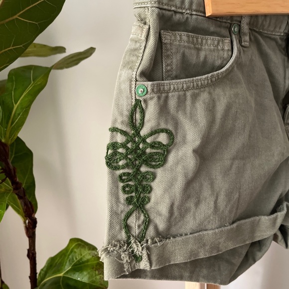 Vintage Repurposed Sandrine Rose Denim Green Shorts with Patches Handmade Design - Picture 3 of 5